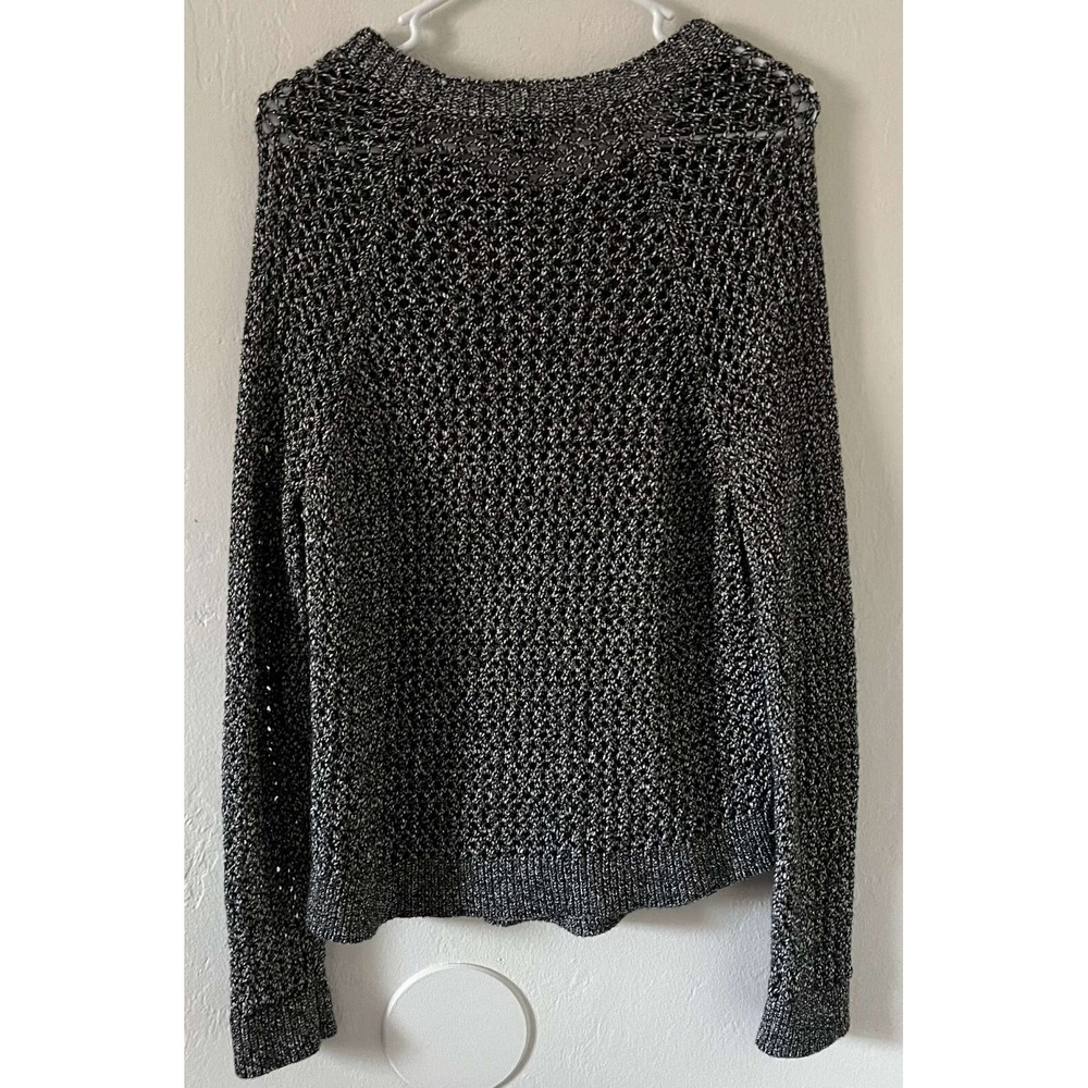 Lucky Brand Women Large Open Knit Pullover Sweater Silver Gray Black Metallic - Picture 2 of 4